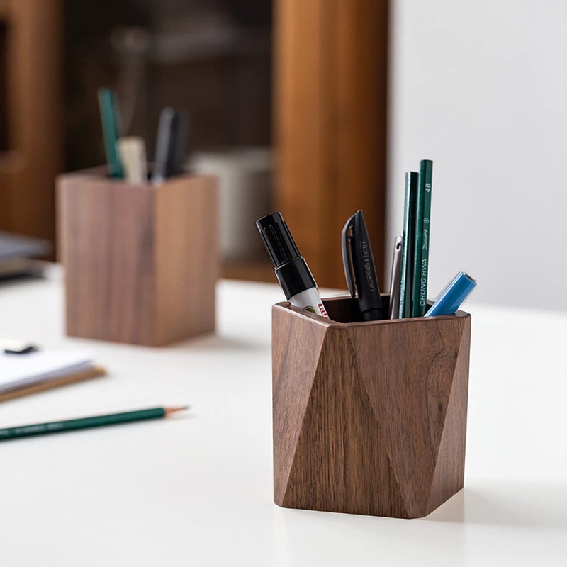 Soseelnee Black Walnut Wooden Pencil Box  Multiple-Use Desk Writing Stationary Organizer Wood Pen Holder Cups Office School Supplies Storage (Prismatic Shape) - Image 2